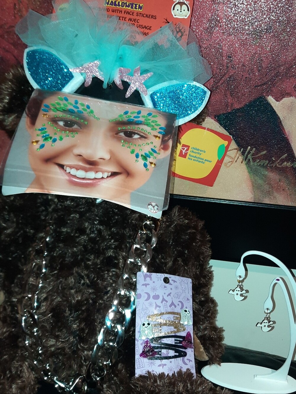 Teens Tweens Halloween Face Stickers, Headband,  Hip-hop Chain, Earrings, Clips